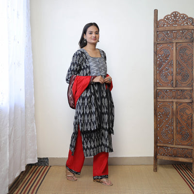 Black - Handloom Cotton Pochampally Ikat Kurta Set 09