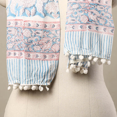 Blue - Block Print Cotton Sanganeri Stole with Pom Pom 13
