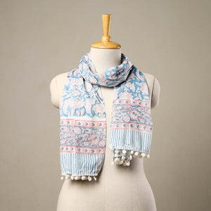 Blue - Block Print Cotton Sanganeri Stole with Pom Pom 13