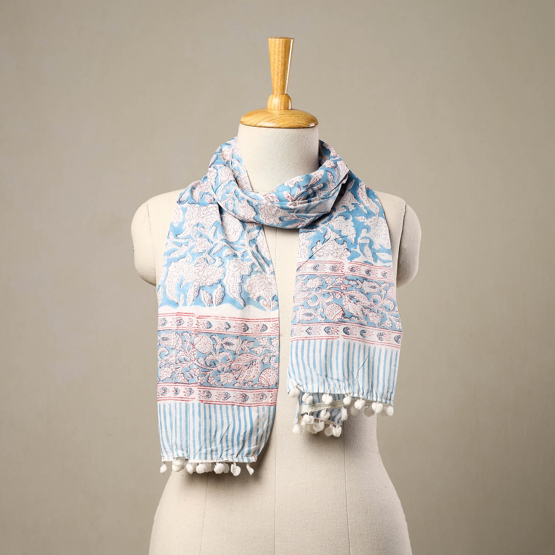 Blue - Block Print Cotton Sanganeri Stole with Pom Pom 13
