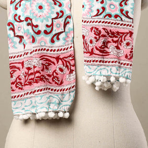 Blue - Block Print Cotton Sanganeri Stole with Pom Pom 14