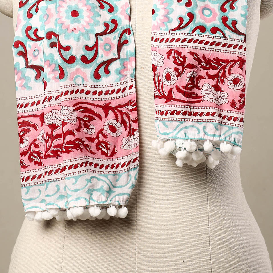 Blue - Block Print Cotton Sanganeri Stole with Pom Pom 14
