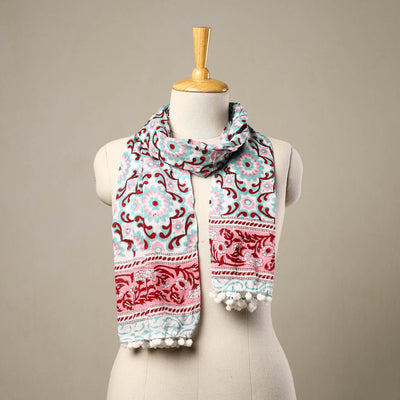 Blue - Block Print Cotton Sanganeri Stole with Pom Pom 14
