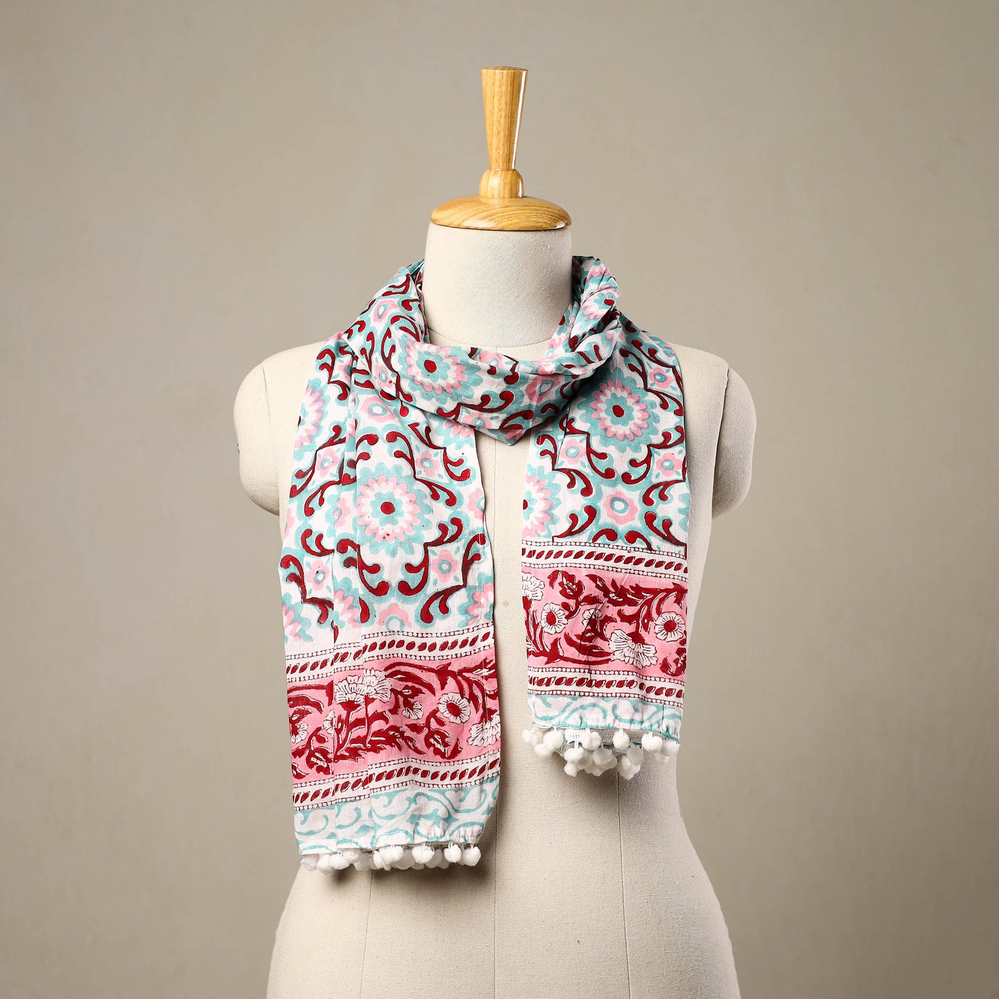 Blue - Block Print Cotton Sanganeri Stole with Pom Pom 14
