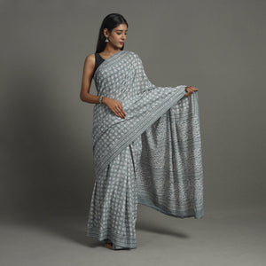 Grey - Natural Dyed Cotton Bagru Print Saree 05