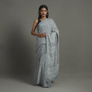 Grey - Natural Dyed Cotton Bagru Print Saree 05