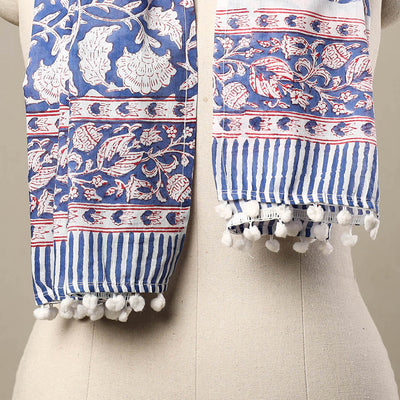 Blue - Block Print Cotton Sanganeri Stole with Pom Pom 16