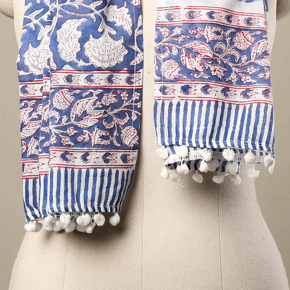 Blue - Block Print Cotton Sanganeri Stole with Pom Pom 16