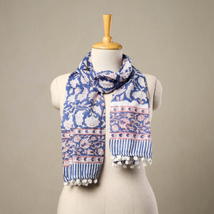 Blue - Block Print Cotton Sanganeri Stole with Pom Pom 16