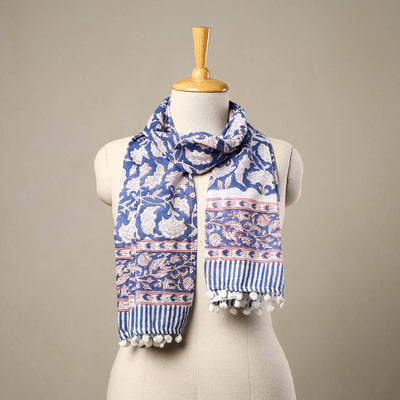 Blue - Block Print Cotton Sanganeri Stole with Pom Pom 16