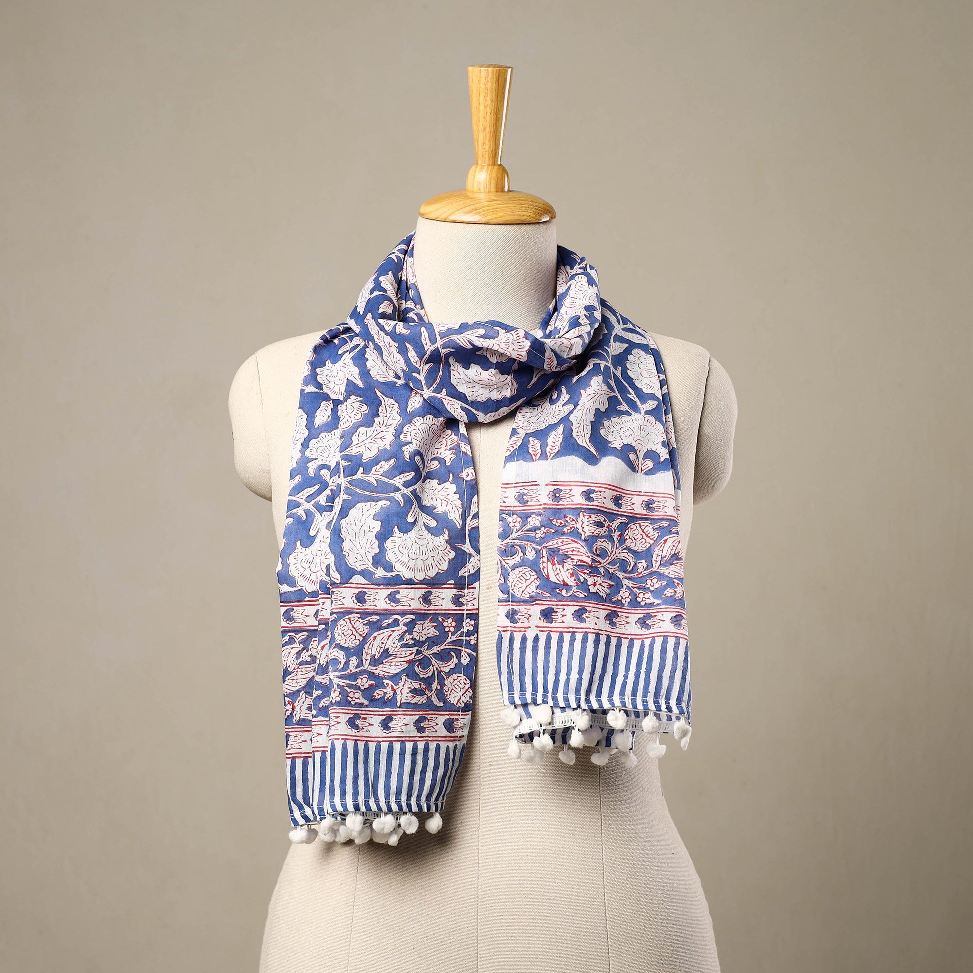 Blue - Block Print Cotton Sanganeri Stole with Pom Pom 16
