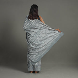 Grey - Natural Dyed Cotton Bagru Print Saree 05