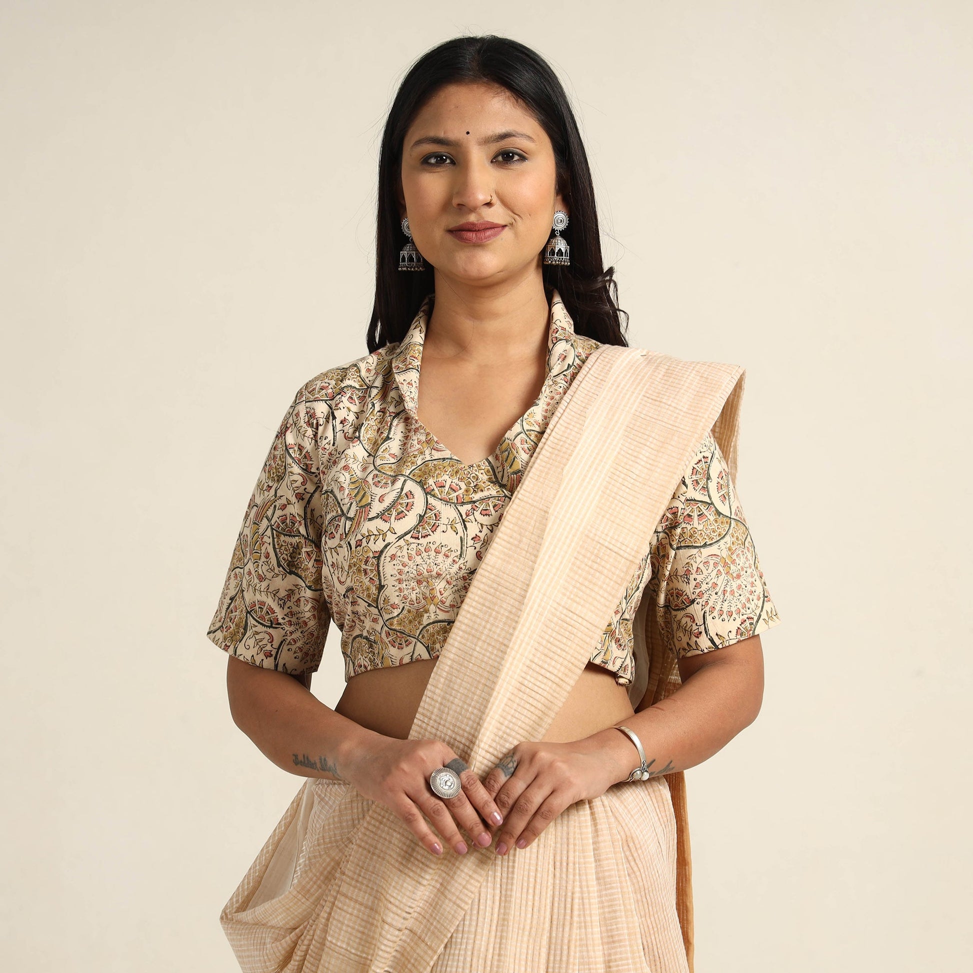 Beige - Pedana Kalamkari Block Printed Cotton Stitched Blouse 15