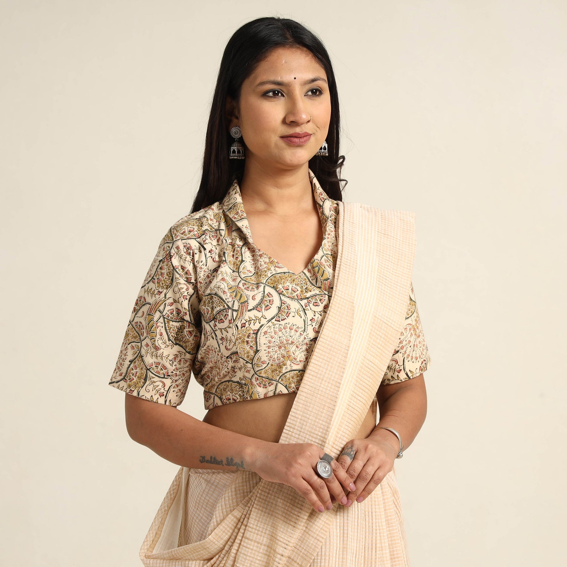 Beige - Pedana Kalamkari Block Printed Cotton Stitched Blouse 15