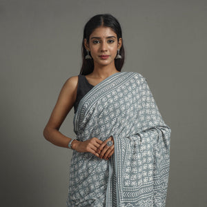 Grey - Natural Dyed Cotton Bagru Print Saree 05