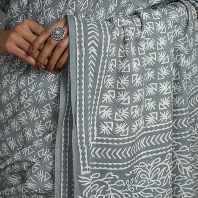 Grey - Natural Dyed Cotton Bagru Print Saree 05