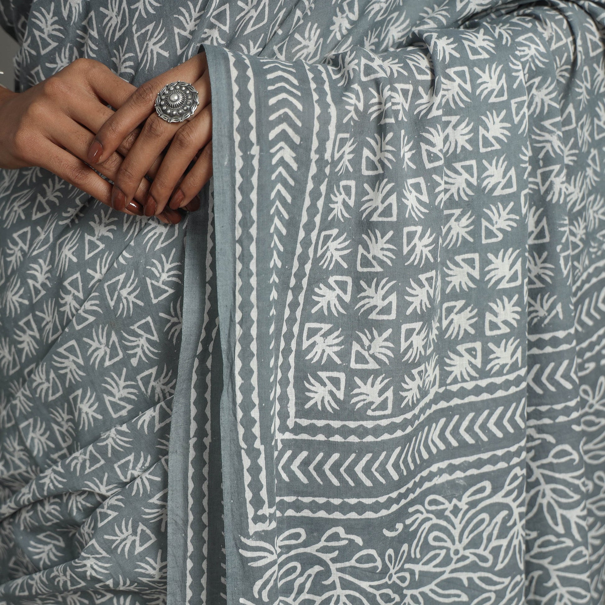 Grey - Natural Dyed Cotton Bagru Print Saree 05