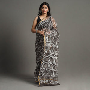 Brown - Bagru Block Printed Kota Doria Cotton Zari Border Saree