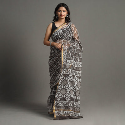 Brown - Bagru Block Printed Kota Doria Cotton Zari Border Saree