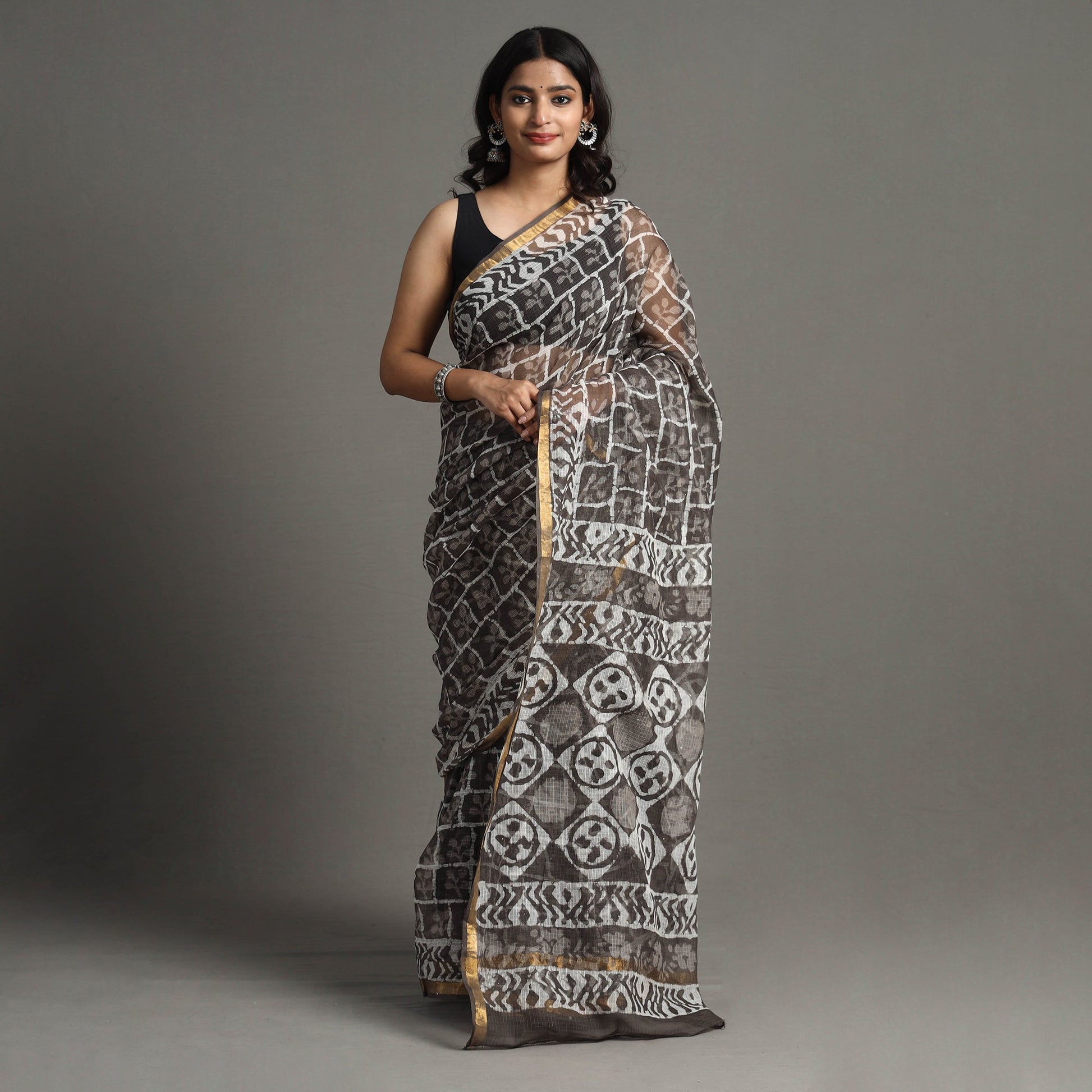 Brown - Bagru Block Printed Kota Doria Cotton Zari Border Saree