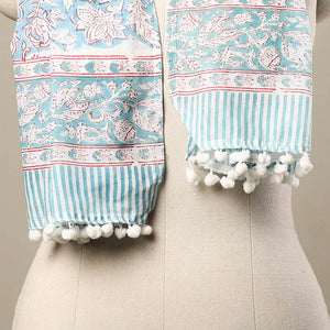 Blue - Block Print Cotton Sanganeri Stole with Pom Pom 19