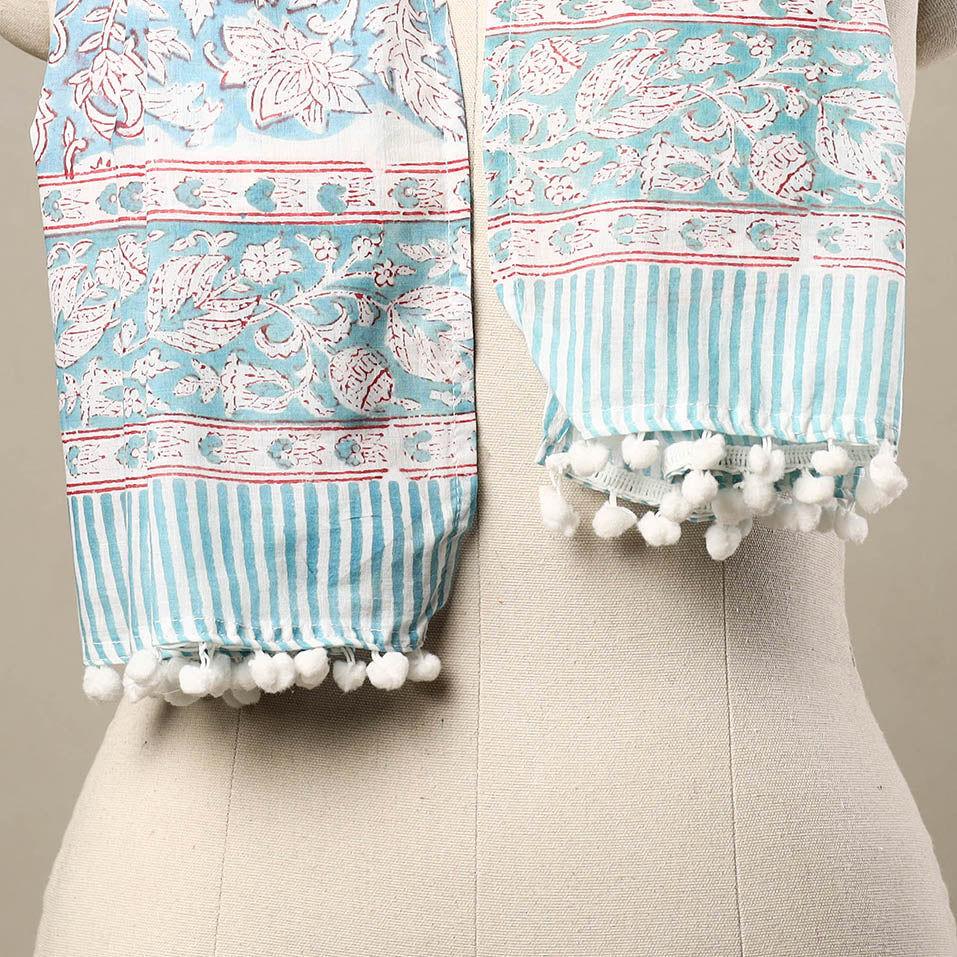 Blue - Block Print Cotton Sanganeri Stole with Pom Pom 19