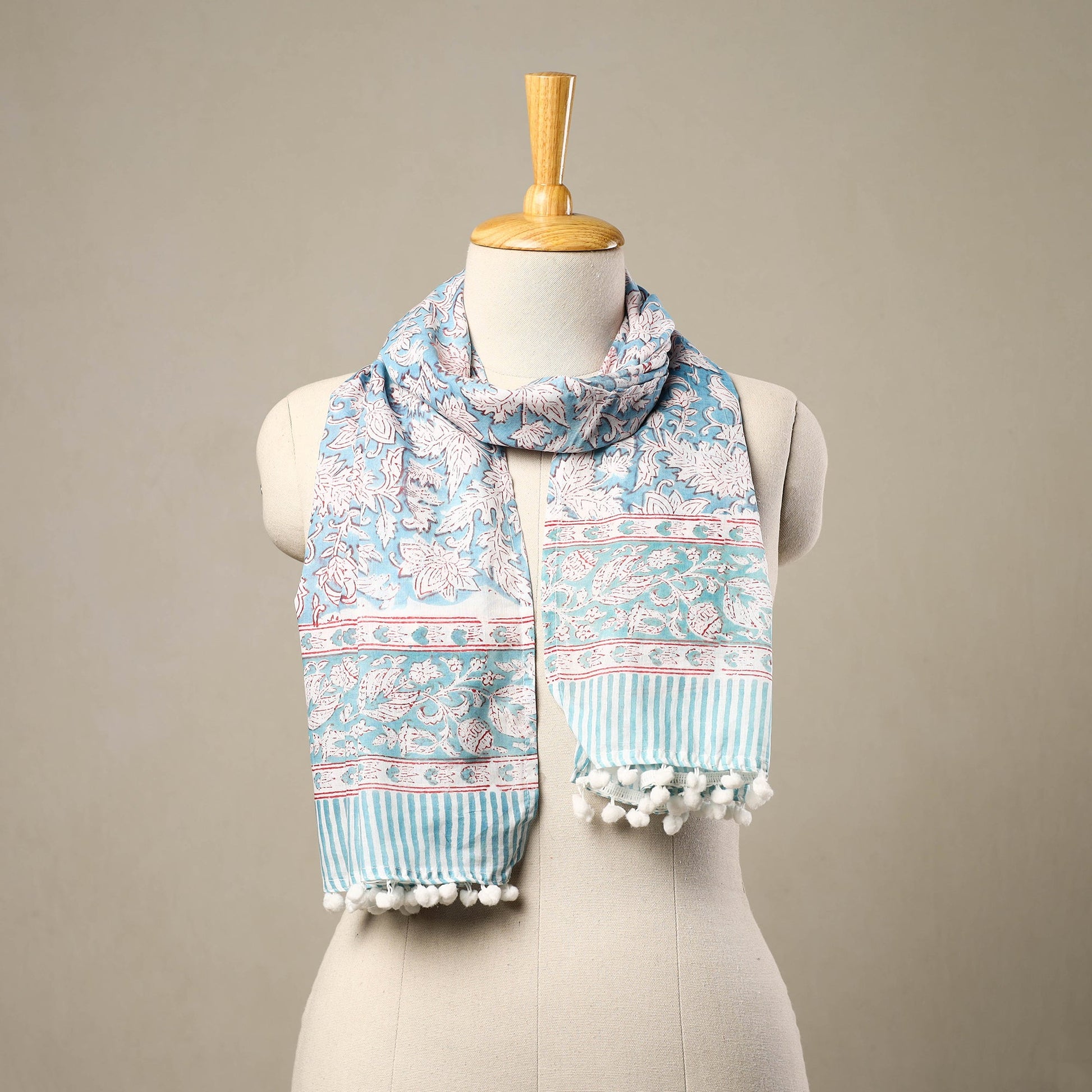 Blue - Block Print Cotton Sanganeri Stole with Pom Pom 19
