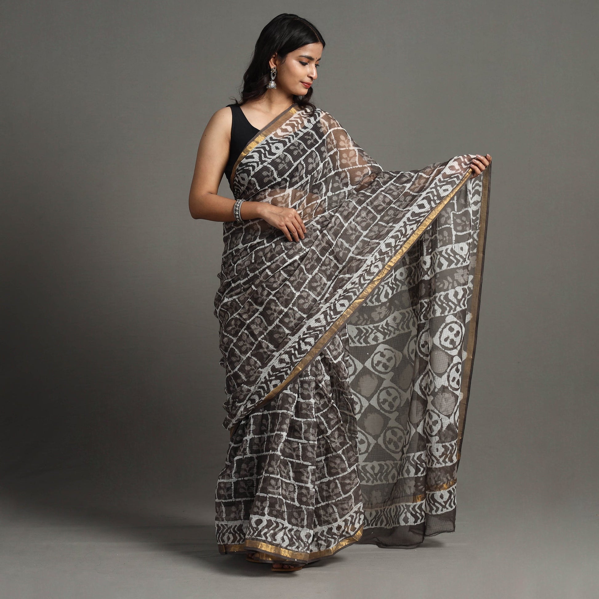 Brown - Bagru Block Printed Kota Doria Cotton Zari Border Saree