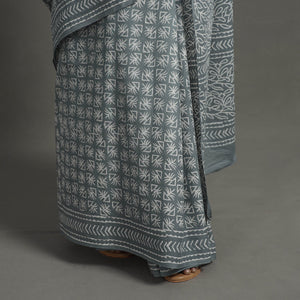 Grey - Natural Dyed Cotton Bagru Print Saree 05