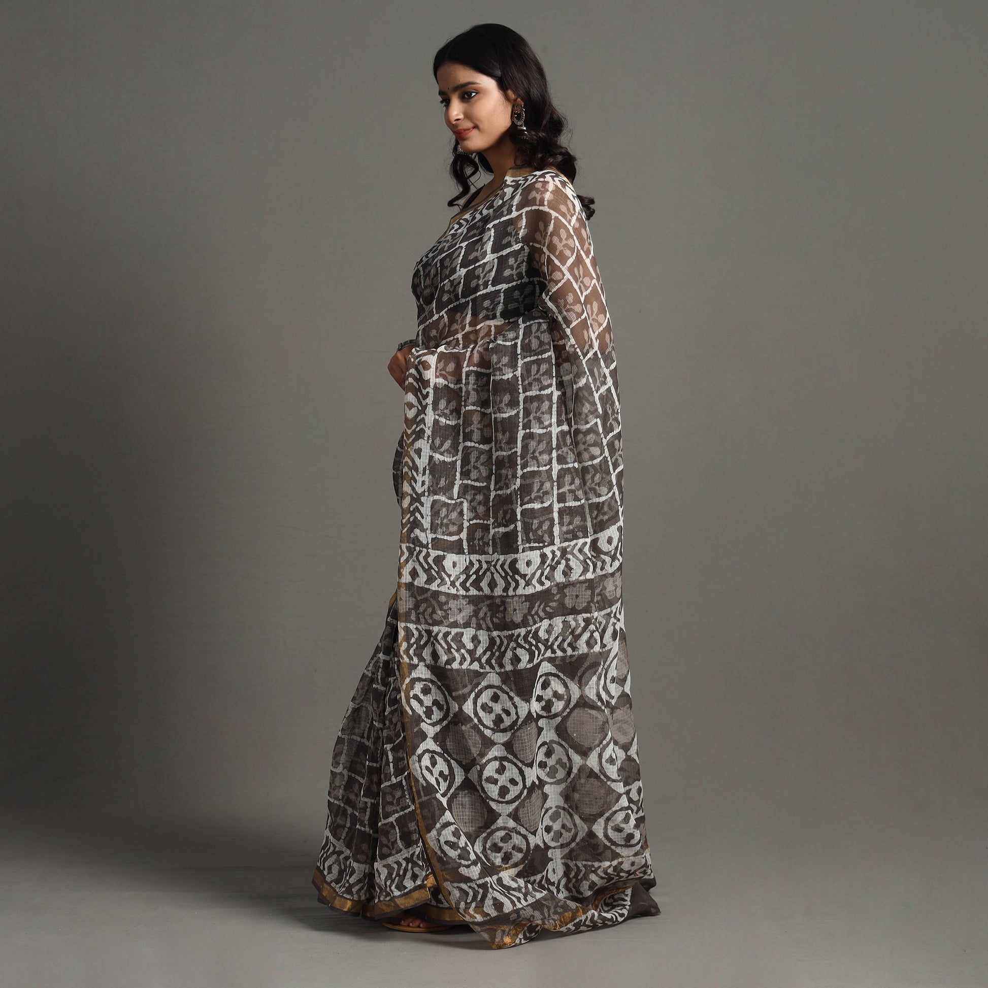 Brown - Bagru Block Printed Kota Doria Cotton Zari Border Saree