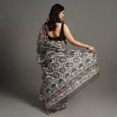 Brown - Bagru Block Printed Kota Doria Cotton Zari Border Saree