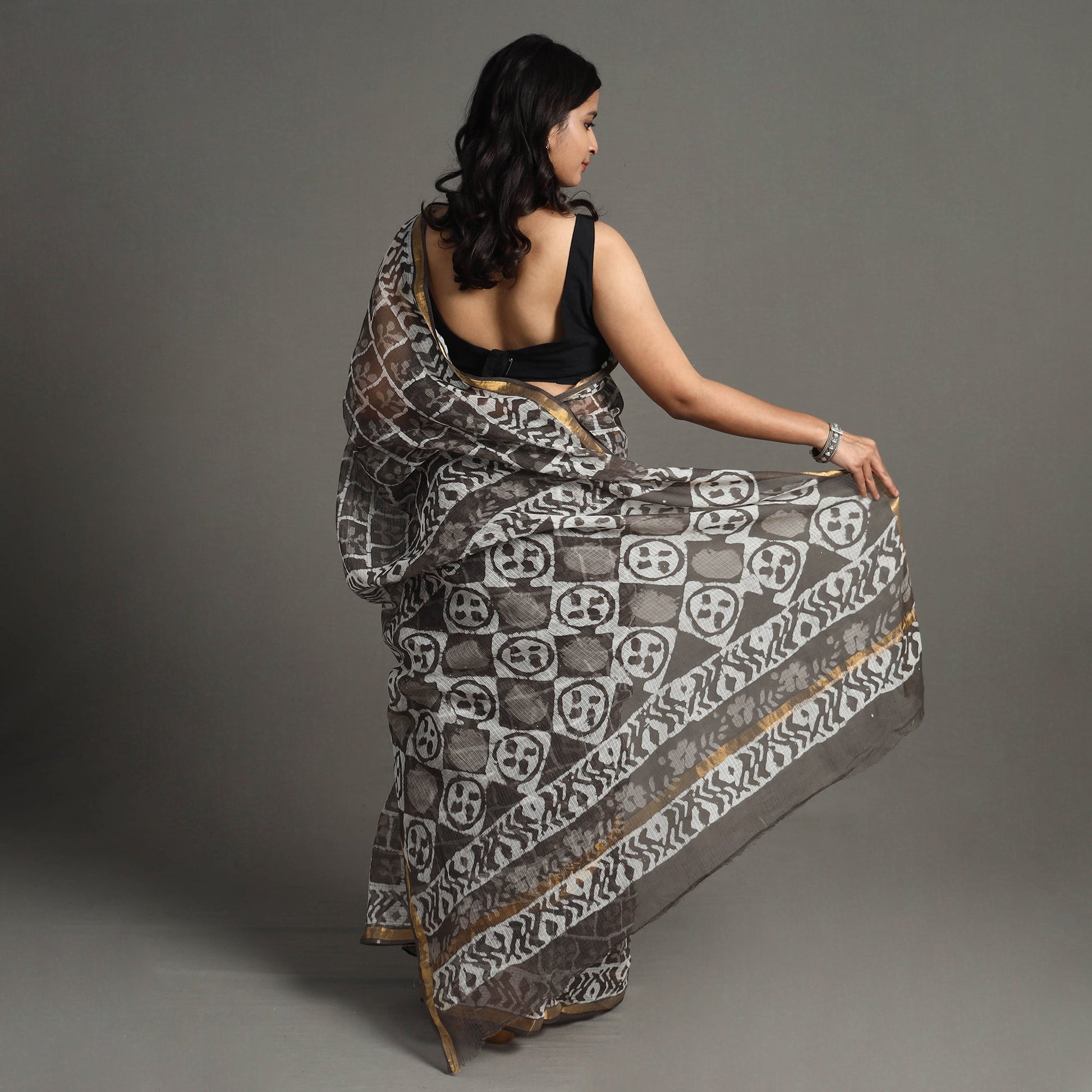 Brown - Bagru Block Printed Kota Doria Cotton Zari Border Saree