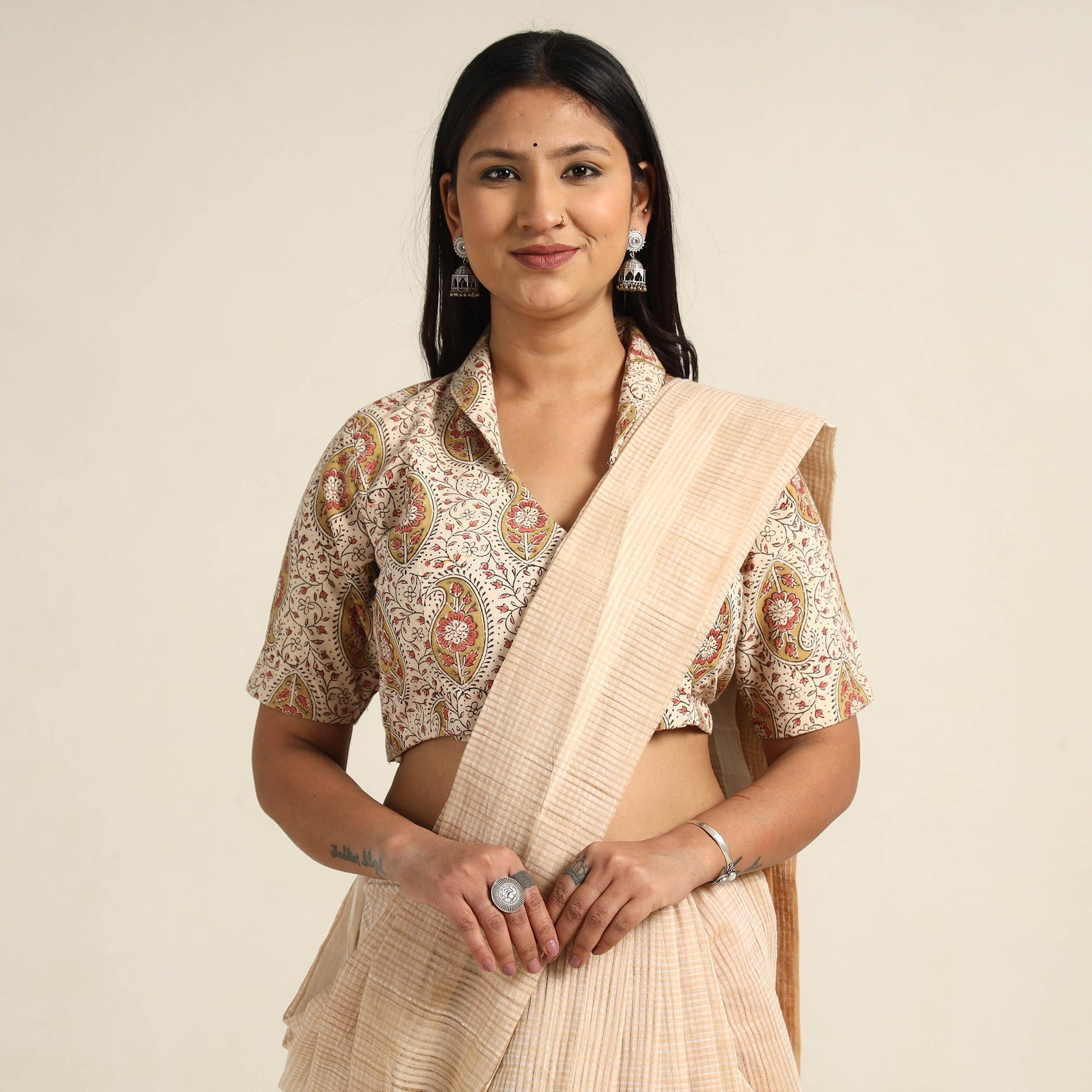 Beige - Pedana Kalamkari Block Printed Cotton Stitched Blouse 16