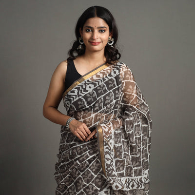 Brown - Bagru Block Printed Kota Doria Cotton Zari Border Saree