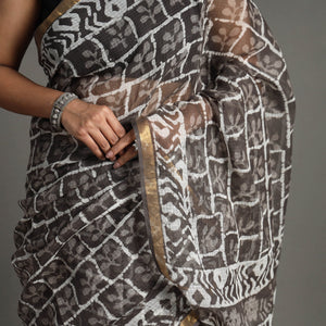 Brown - Bagru Block Printed Kota Doria Cotton Zari Border Saree