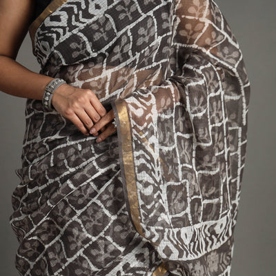 Brown - Bagru Block Printed Kota Doria Cotton Zari Border Saree
