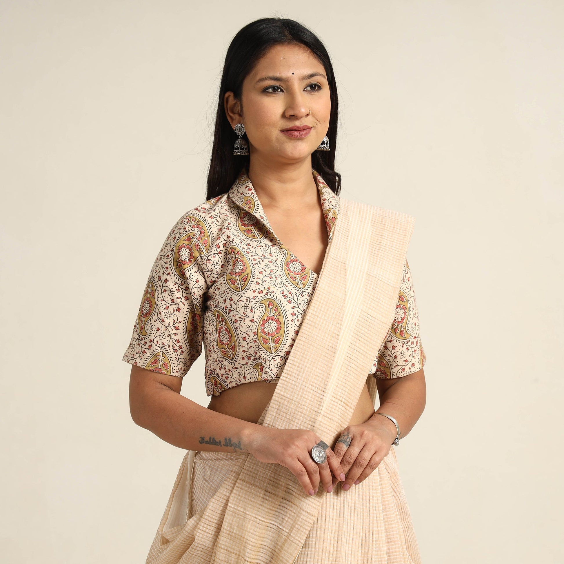 Beige - Pedana Kalamkari Block Printed Cotton Stitched Blouse 16