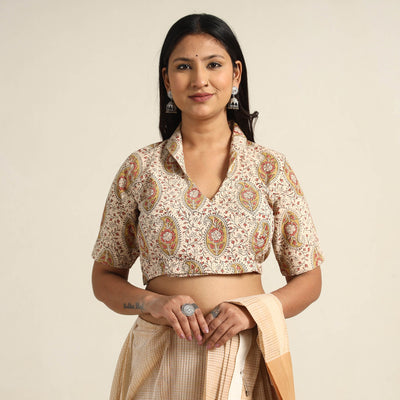 Beige - Pedana Kalamkari Block Printed Cotton Stitched Blouse 16
