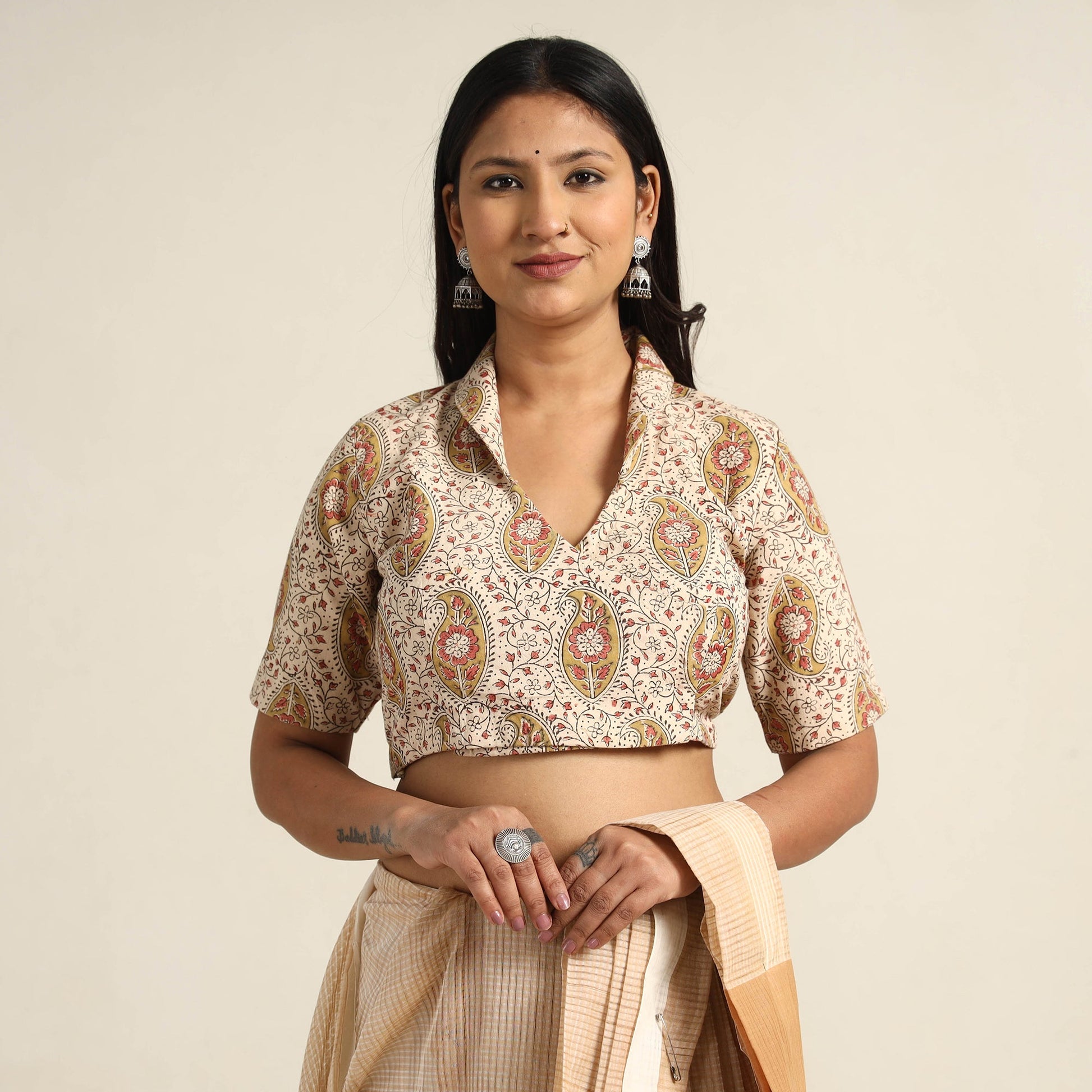 Beige - Pedana Kalamkari Block Printed Cotton Stitched Blouse 16