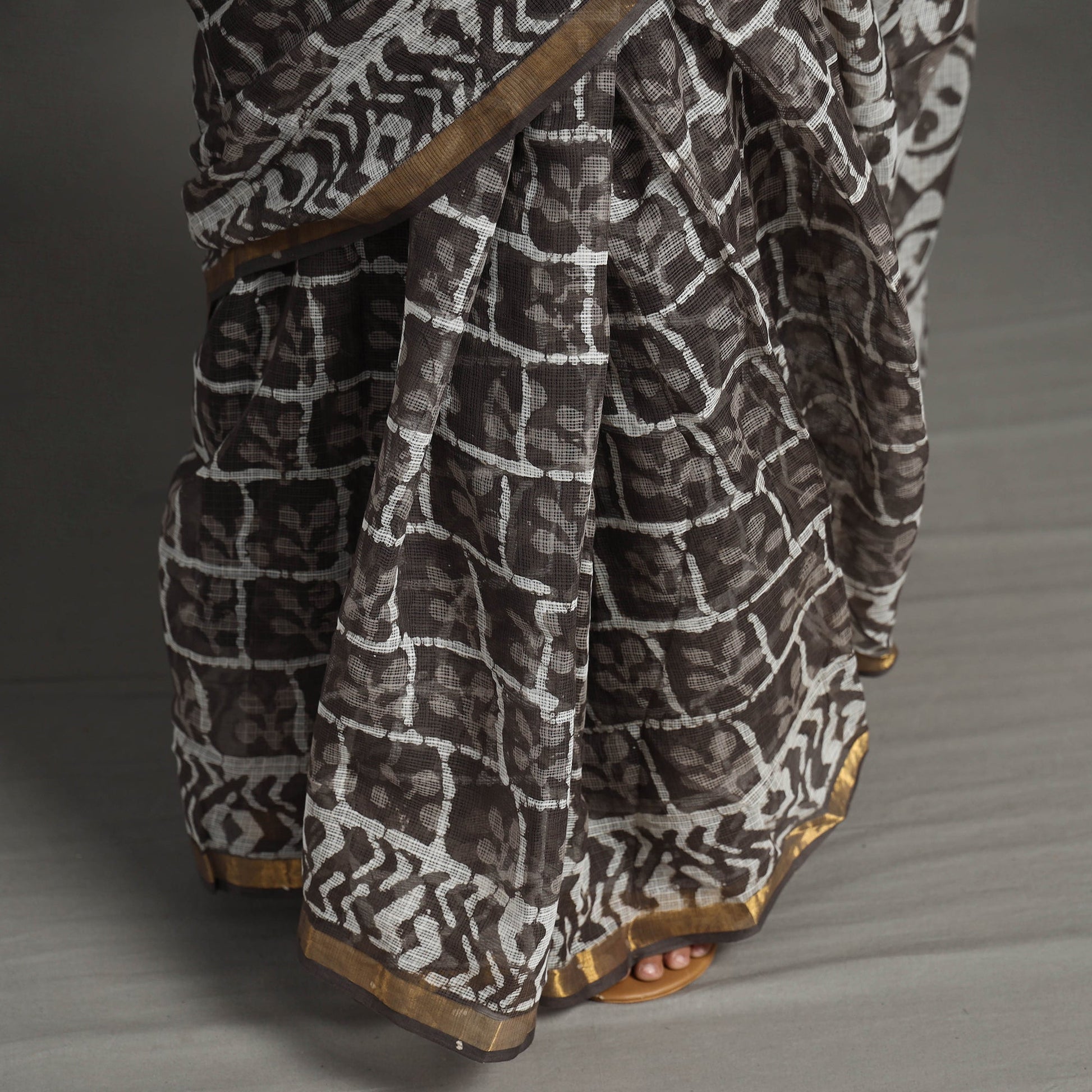 Brown - Bagru Block Printed Kota Doria Cotton Zari Border Saree