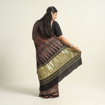Brown - Modal Silk Block Printed Ajrakh Saree with Zari Border 68