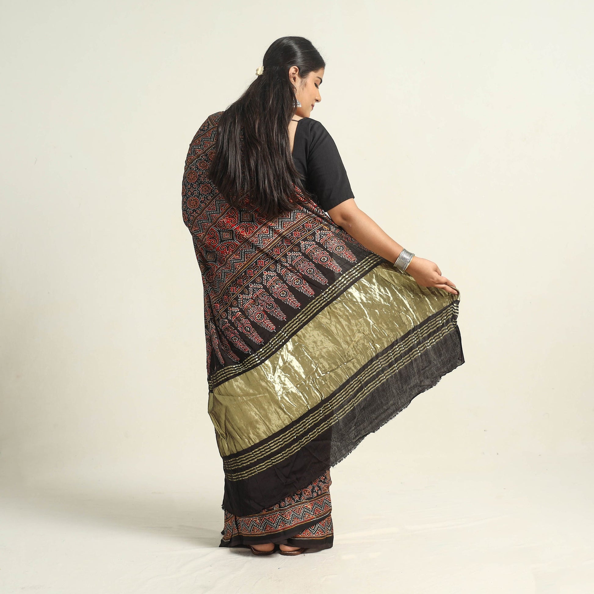 Brown - Modal Silk Block Printed Ajrakh Saree with Zari Border 68