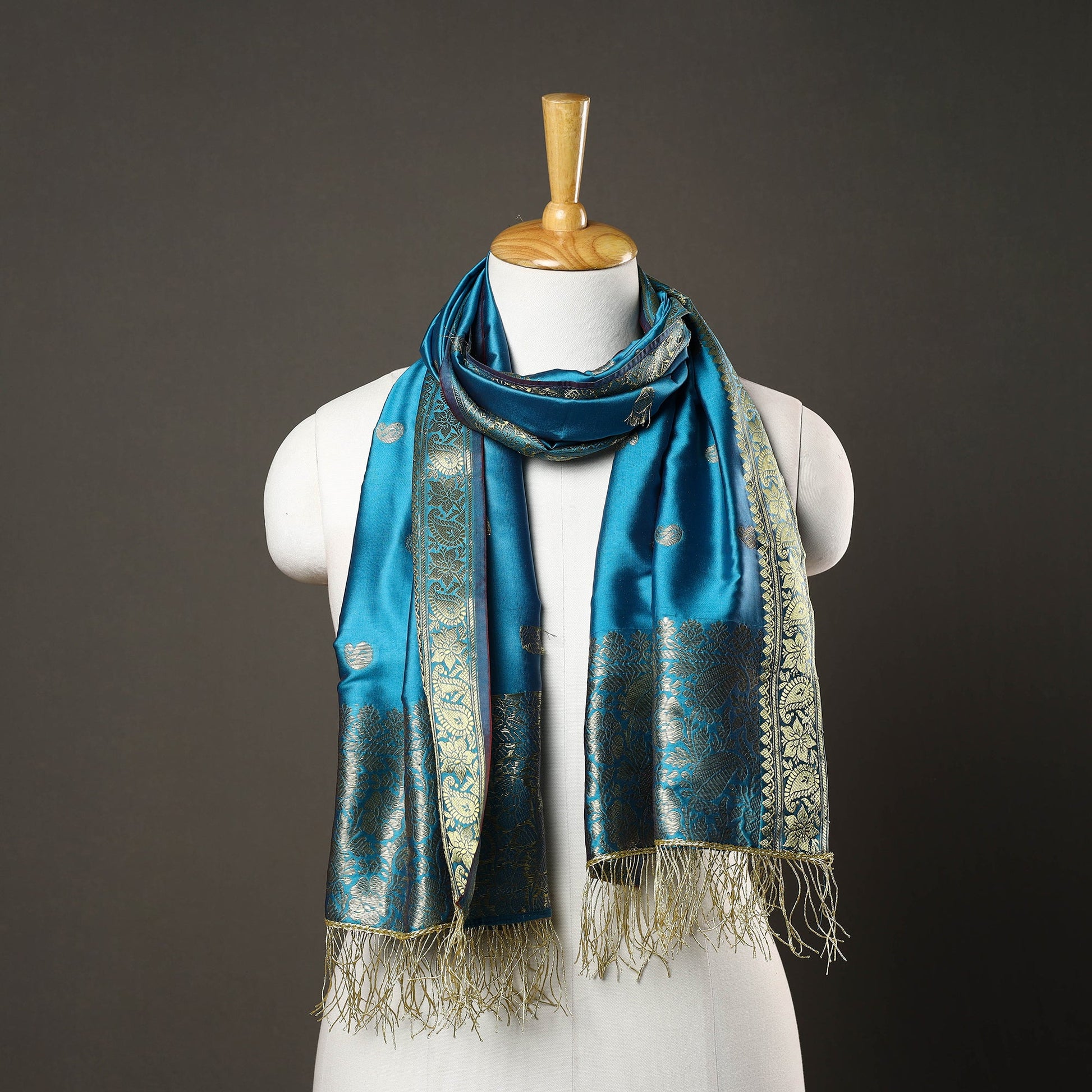 Blue - Brocade Handloom Silk Nakshi Buti Banarasi Stole 29