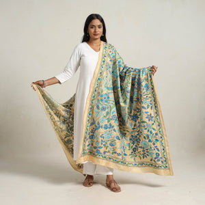 Blue - Bengal Handloom Silk Kantha Embroidery Dupatta 16