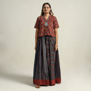 Blue - Ajrakh Block Printed 24 Kali Patchwork Cotton Long Skirt 45