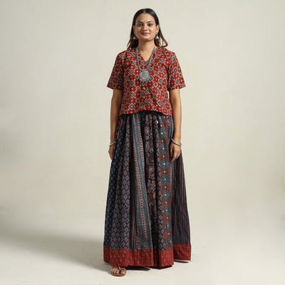 Blue - Ajrakh Block Printed 24 Kali Patchwork Cotton Long Skirt 45