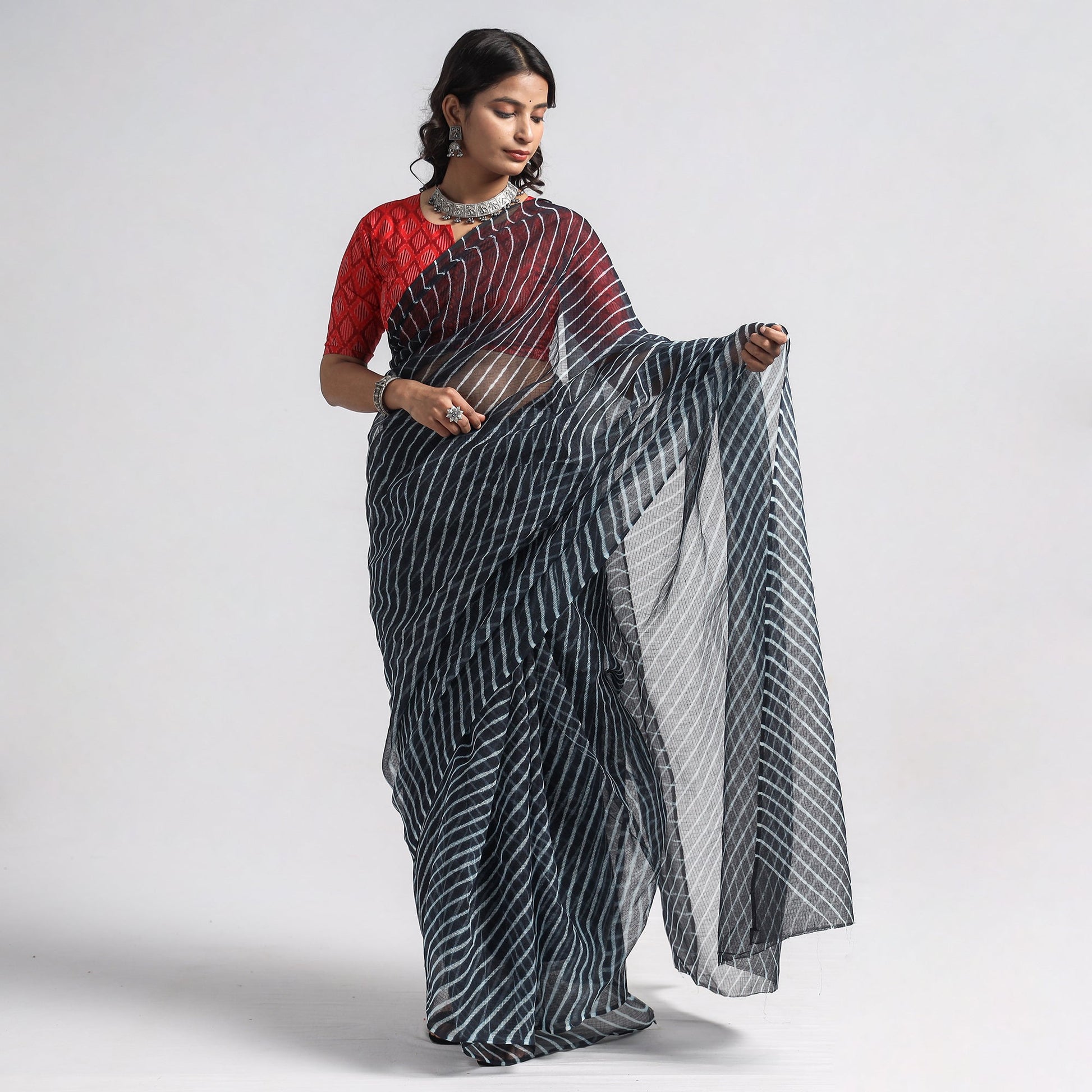 Black - Leheriya Tie-Dye Kota Doria Cotton Saree 01