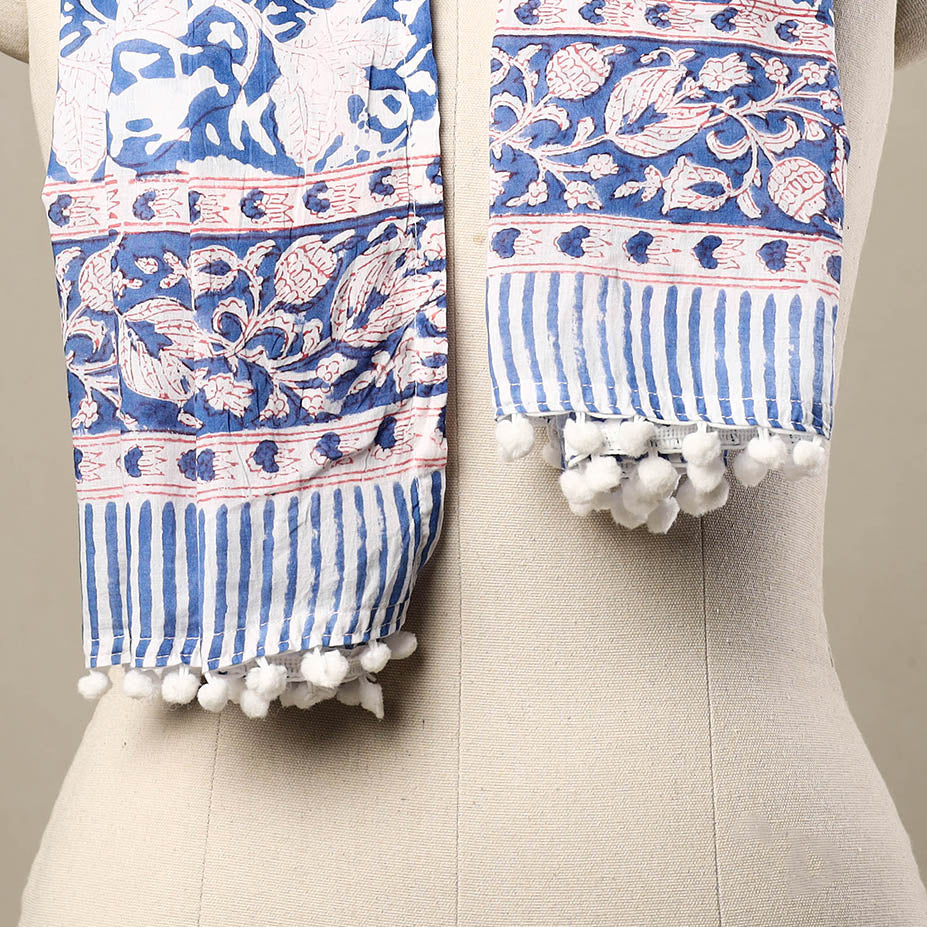 Blue - Block Print Cotton Sanganeri Stole with Pom Pom 30