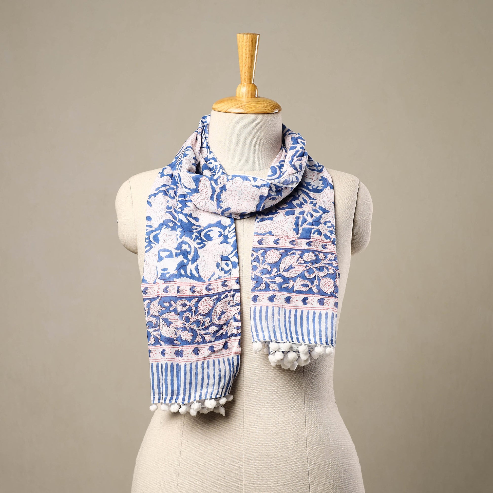 Blue - Block Print Cotton Sanganeri Stole with Pom Pom 30