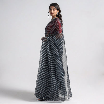 Black - Leheriya Tie-Dye Kota Doria Cotton Saree 01